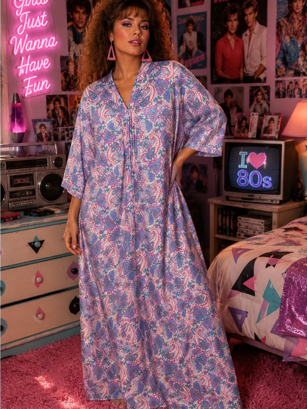 Sears Take-Along Purple Paisley Women's Nightgown Kaftan 80s Retro Vintage